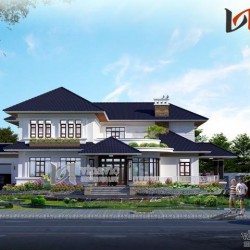 Mẫu thiết kế nhà 2 tầng hình chữ l kích thước 13x14m có gara oto BT1497
