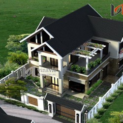 Mẫu thiết kế nhà 2 tầng hình chữ l kích thước 13x14m có gara oto BT1497