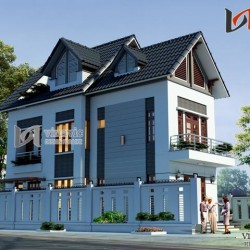 Mẫu nhà chữ L đẹp 3 tầng 100m2 3 phòng ngủ mặt tiền rộng 12m BT1505