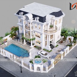 Phối cảnh thiết kế nhà đẹp kiểu dinh thự cổ điển 4 tầng BT1818