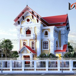 Thiết kế nhà 3 tầng 12x13m 150m2 mái thái 2 mặt tiền cổ điển BT1506