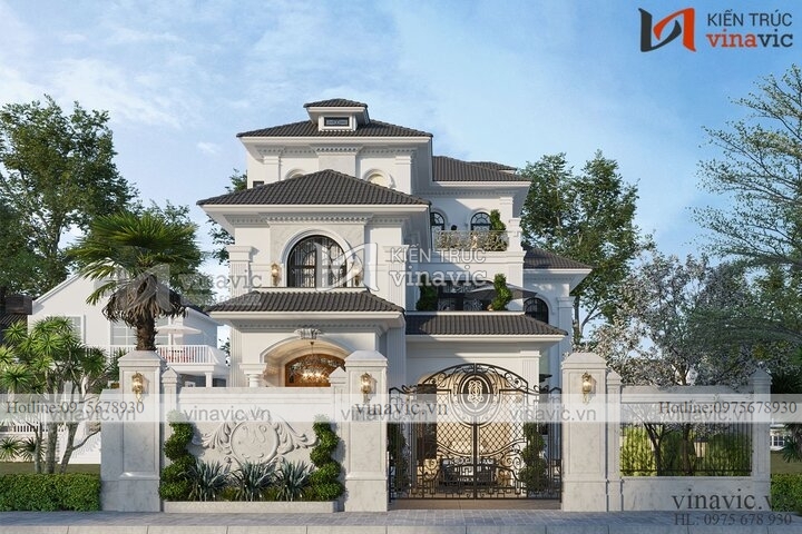 Nhà hình chữ nhật 3 tầng 160m2 mặt tiền 13m phong cách tân cổ điển BT2111
