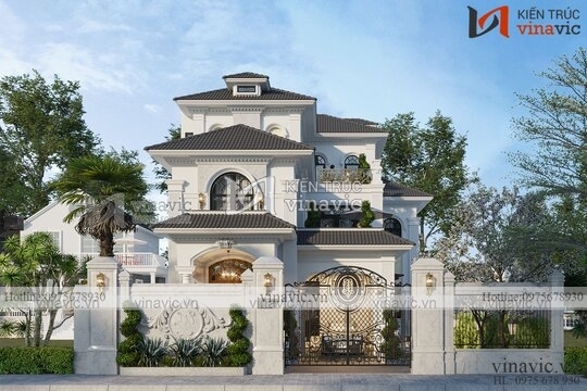 Nhà hình chữ nhật 3 tầng 160m2 mặt tiền 13m phong cách tân cổ điển BT2111
