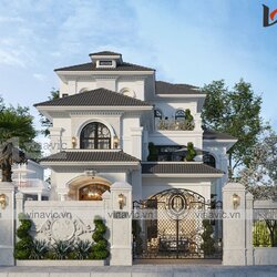 Nhà hình chữ nhật 3 tầng 160m2 mặt tiền 13m phong cách tân cổ điển BT2111