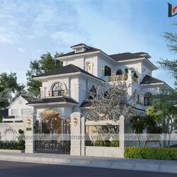Nhà hình chữ nhật 3 tầng 160m2 mặt tiền 13m phong cách tân cổ điển BT2111