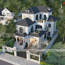 Nhà hình chữ nhật 3 tầng 160m2 mặt tiền 13m phong cách tân cổ điển BT2111