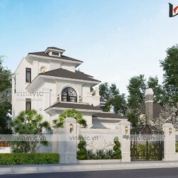 Nhà hình chữ nhật 3 tầng 160m2 mặt tiền 13m phong cách tân cổ điển BT2111