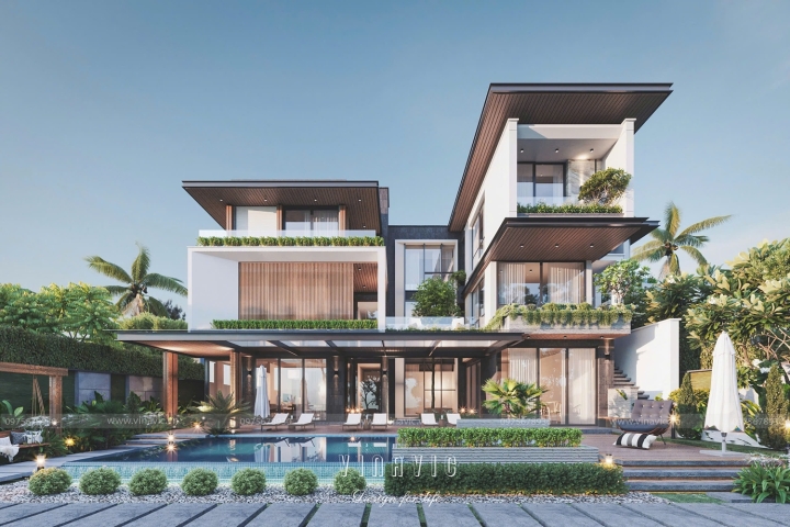 Thiết kế biệt thự 200m2 hiện đại 3 tầng 6 phòng ngủ (20mx10m) BT2404