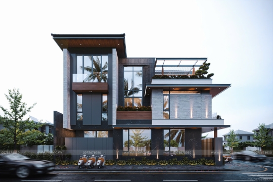 Thiết kế biệt thự hiện đại 3 tầng 2 mặt tiền 130m2 (10x13m) BT2409