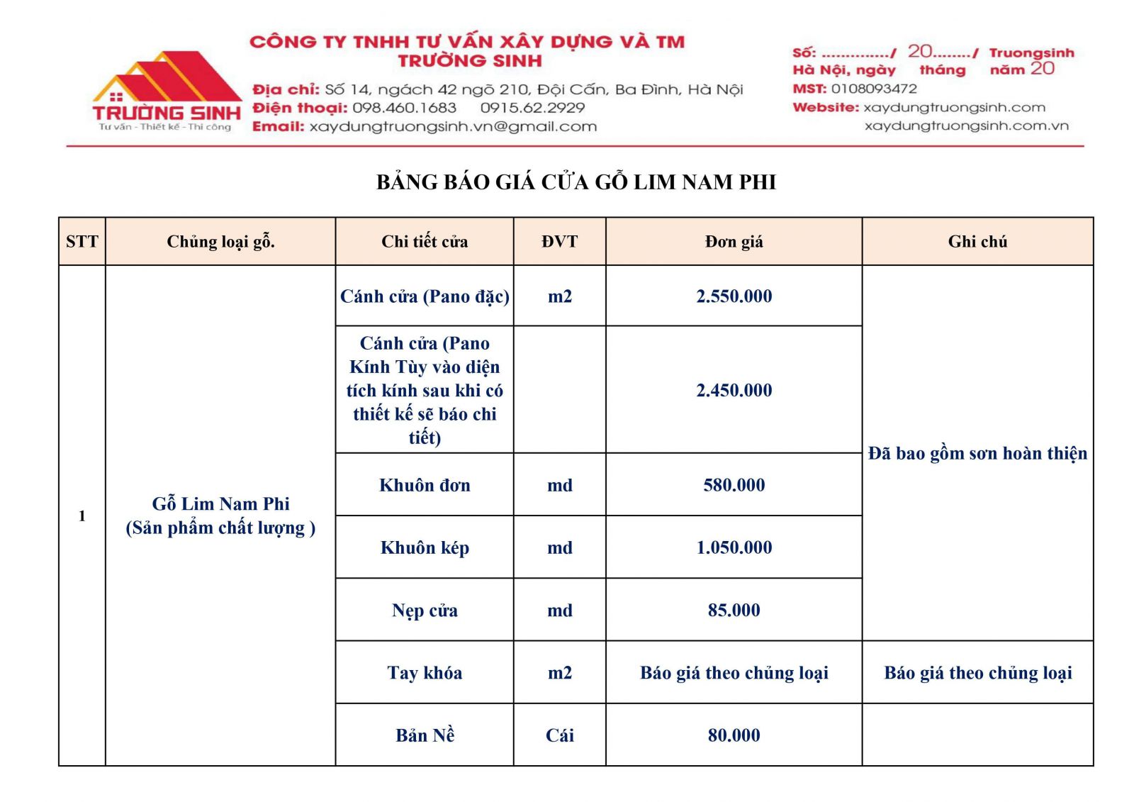 Báo giá cửa gỗ Lim Nam Phi